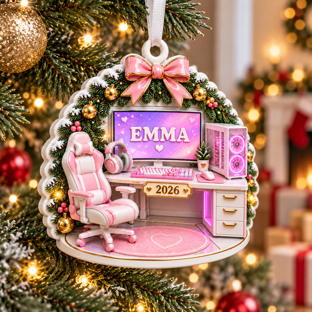 Gamer Girl Desk Setup with Pink Computer Chair and Wreath - 3D Relief Ornament