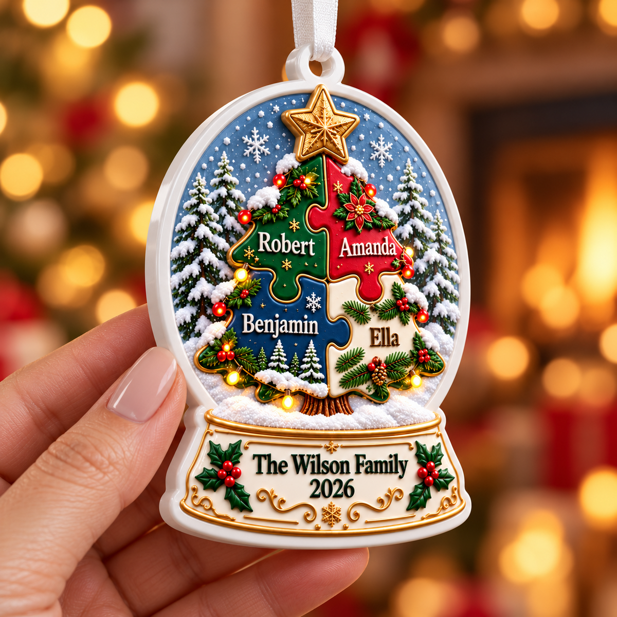 Snow Globe Shaped Holiday Tree Hanging Decor in Glossy White Finish - 3D Relief Ornament