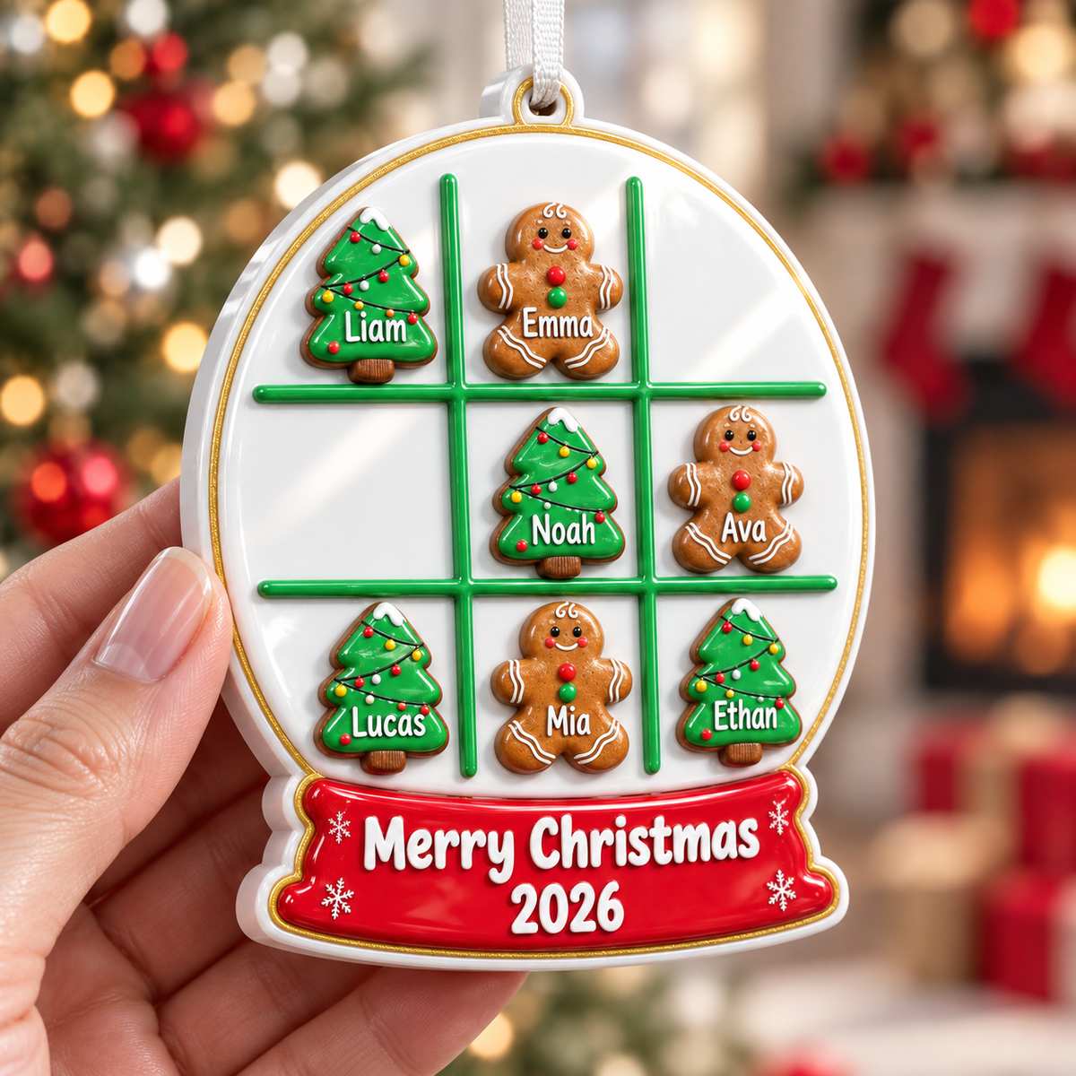 Christmas Tree and Gingerbread Man Tic Tac Toe Snow Globe Hanging Decor - 3D Relief Ornament