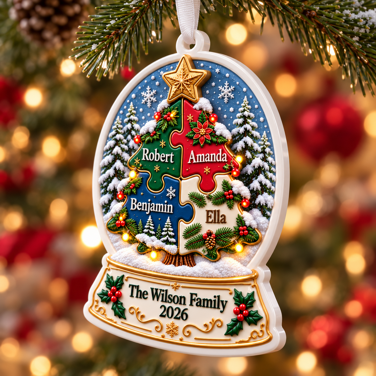 Snow Globe Shaped Holiday Tree Hanging Decor in Glossy White Finish - 3D Relief Ornament