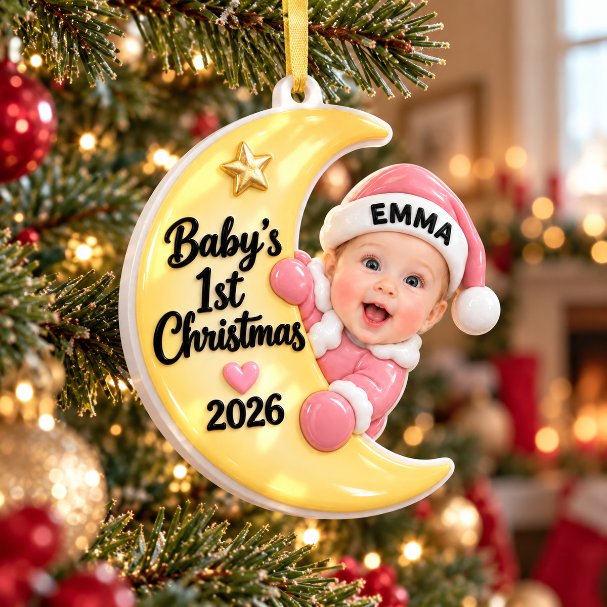 Baby First Christmas Crescent Moon Hanging Keepsake, Pink Holiday Tree Pendant - 3D Relief Ornament