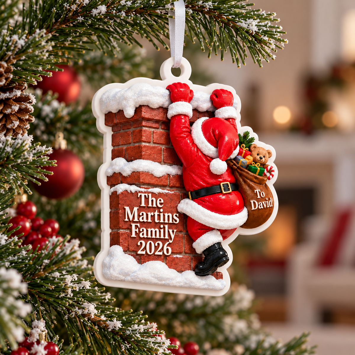 Santa Climbing Brick Chimney Christmas Tree Hanging Keepsake - 3D Relief Ornament