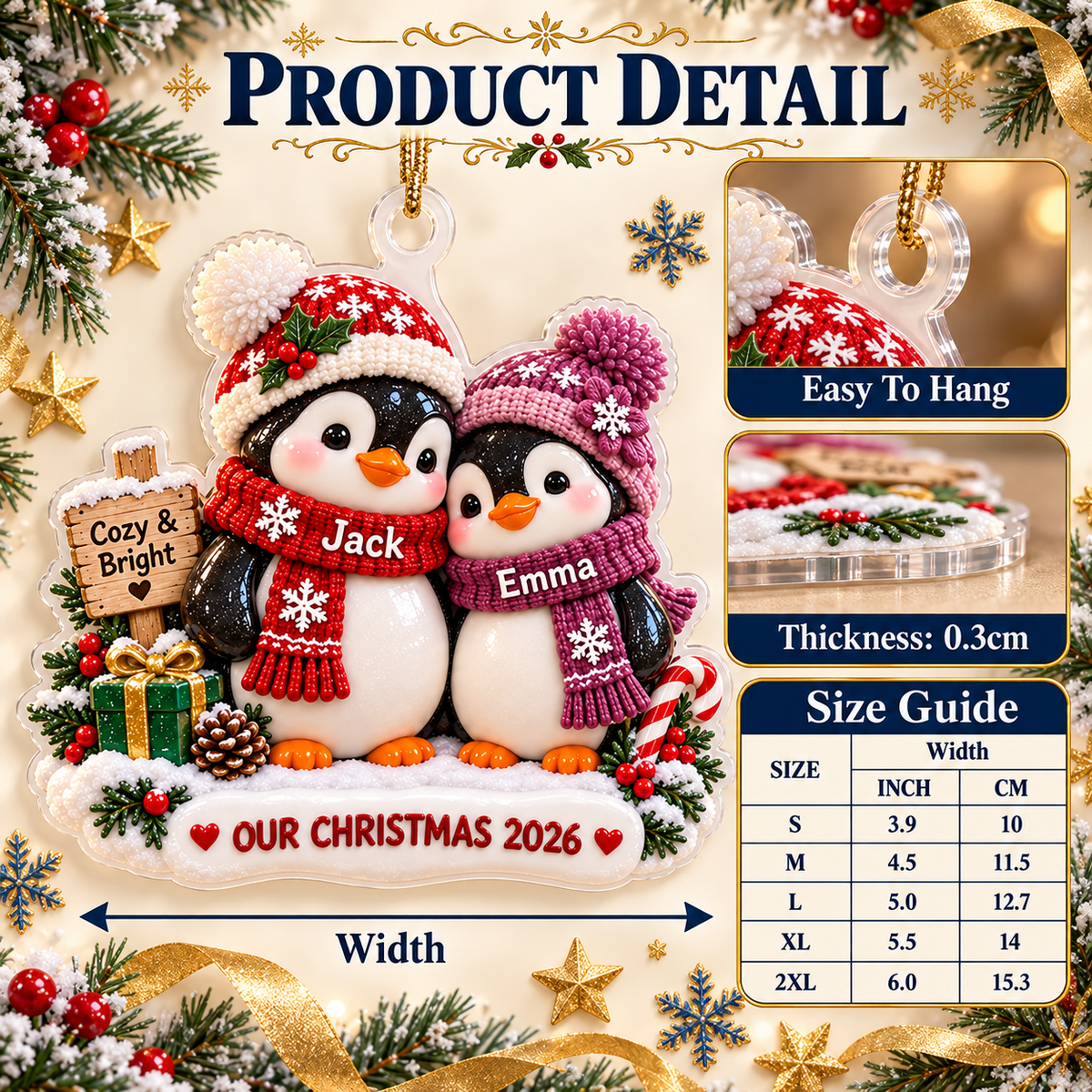 Winter Penguin Couple Holiday Keepsake with Knit Beanies and Snow Base - 3D Relief Ornament