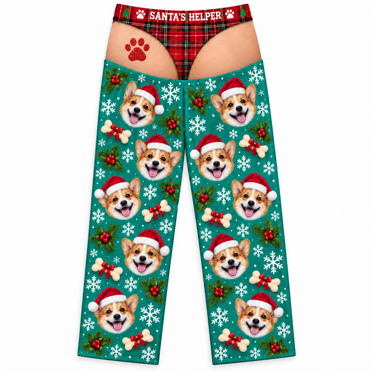 Mens Cutout Christmas Dog Print Pajama Pants with Plaid Briefs