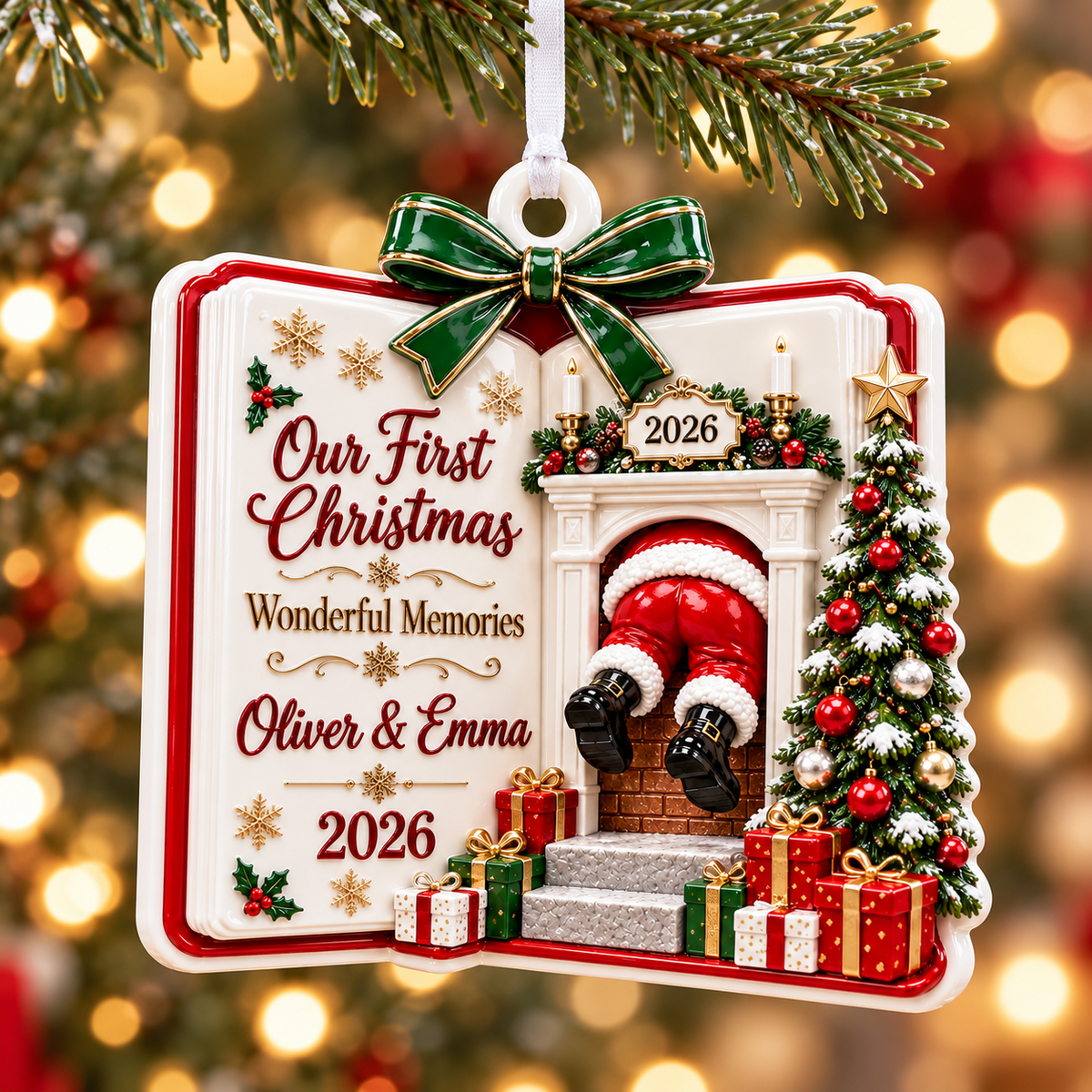 Gift Box Shaped Glossy White Ceramic Holiday Tree Hanging Decor - 3D Relief Ornament