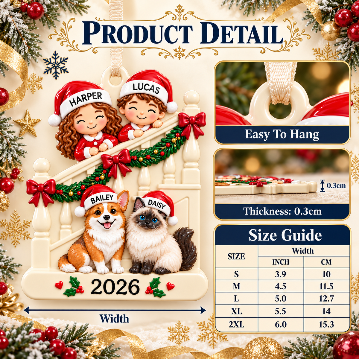 Family Kids with Dog and Cat on Staircase Christmas Holiday Keepsake - 3D Relief Ornament