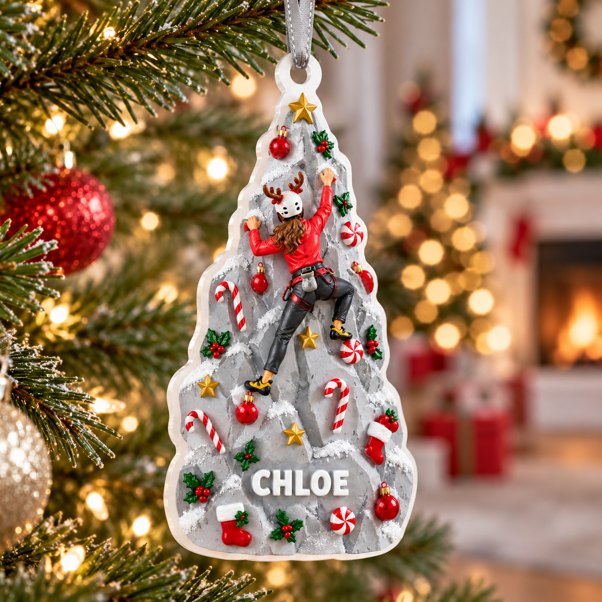 Rock Climbing Pine Tree Holiday Bauble Hanging Acrylic Keepsake - 3D Relief Ornament