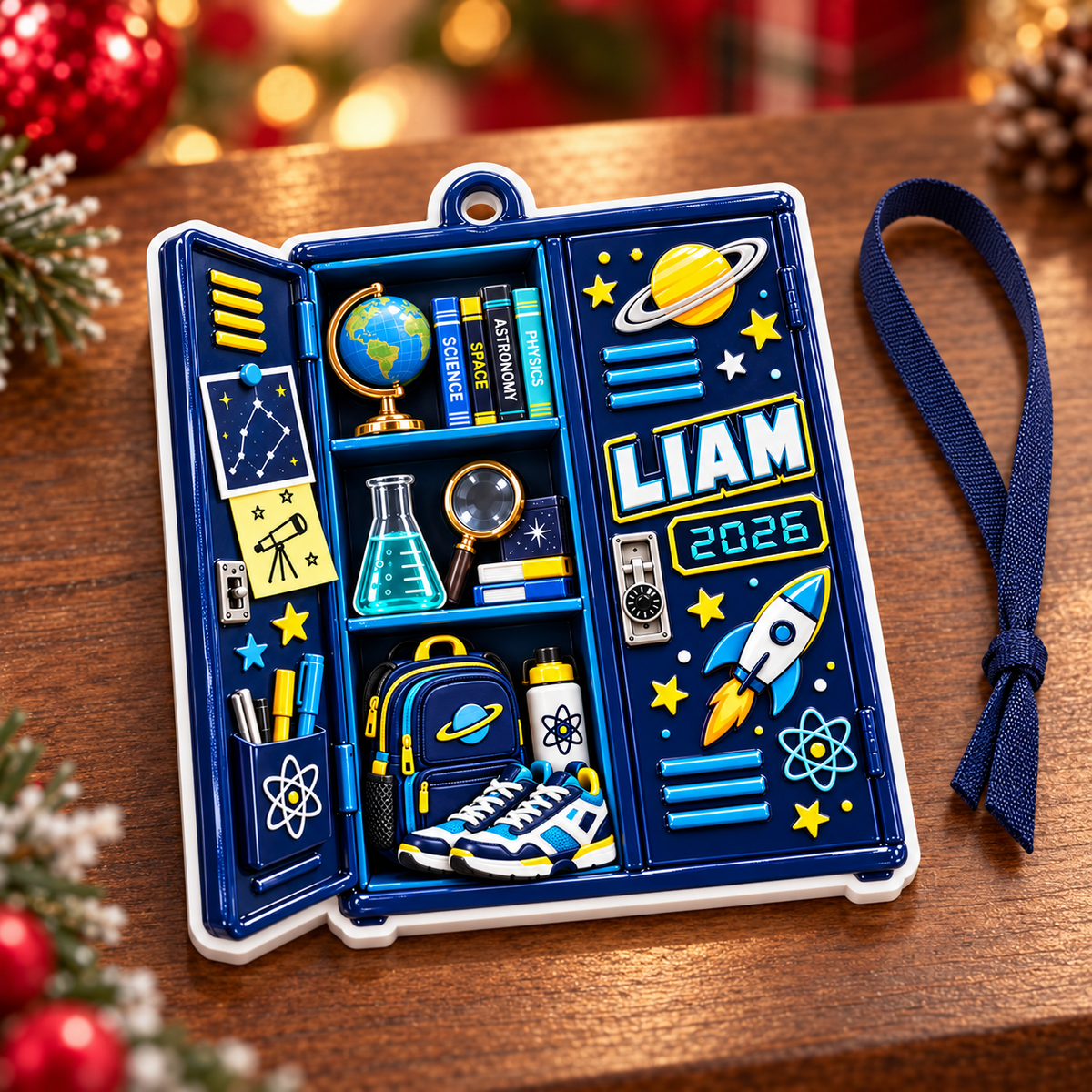 Blue School Locker Astronomy Science Theme Hanging Keepsake - 3D Relief Ornament