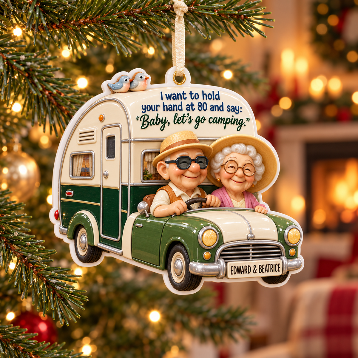 Elderly Couple Camping Car and Caravan Hanging Keepsake - 3D Relief Ornament