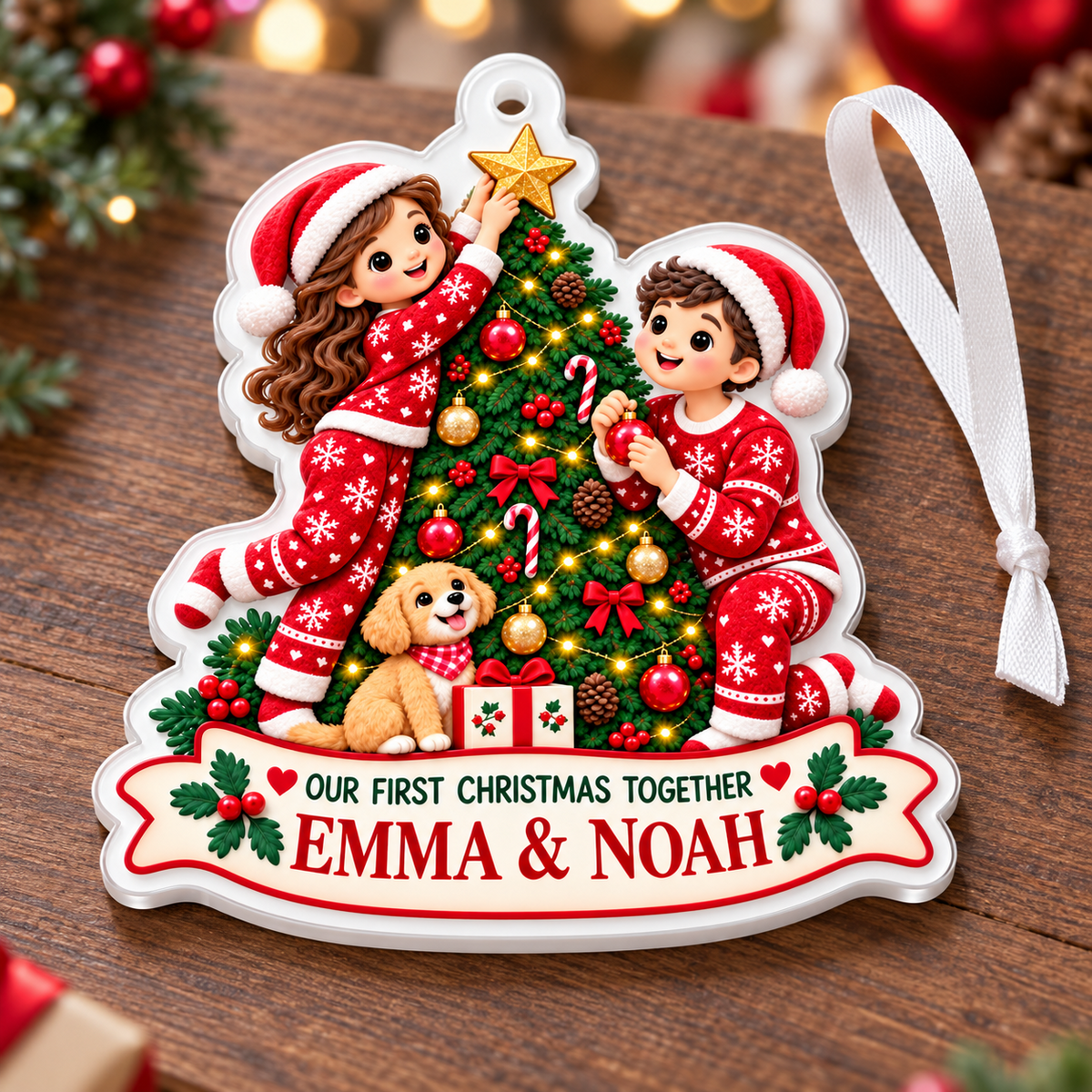 Couple with Puppy Decorating Christmas Tree Holiday Keepsake - 3D Relief Ornament