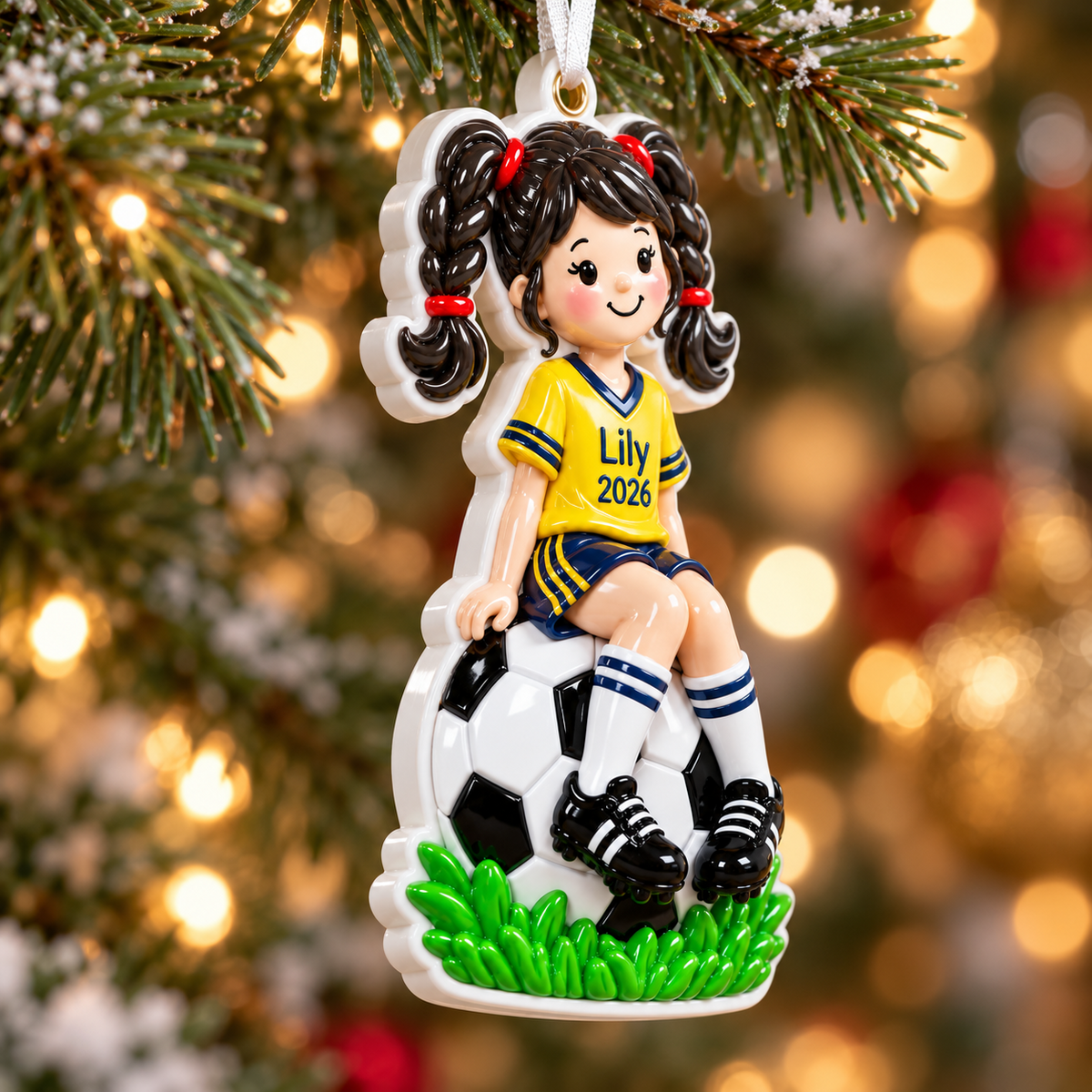 Soccer Player Girl in Yellow Jersey Sitting on Ball Hanging Holiday Keepsake - 3D Relief Ornament