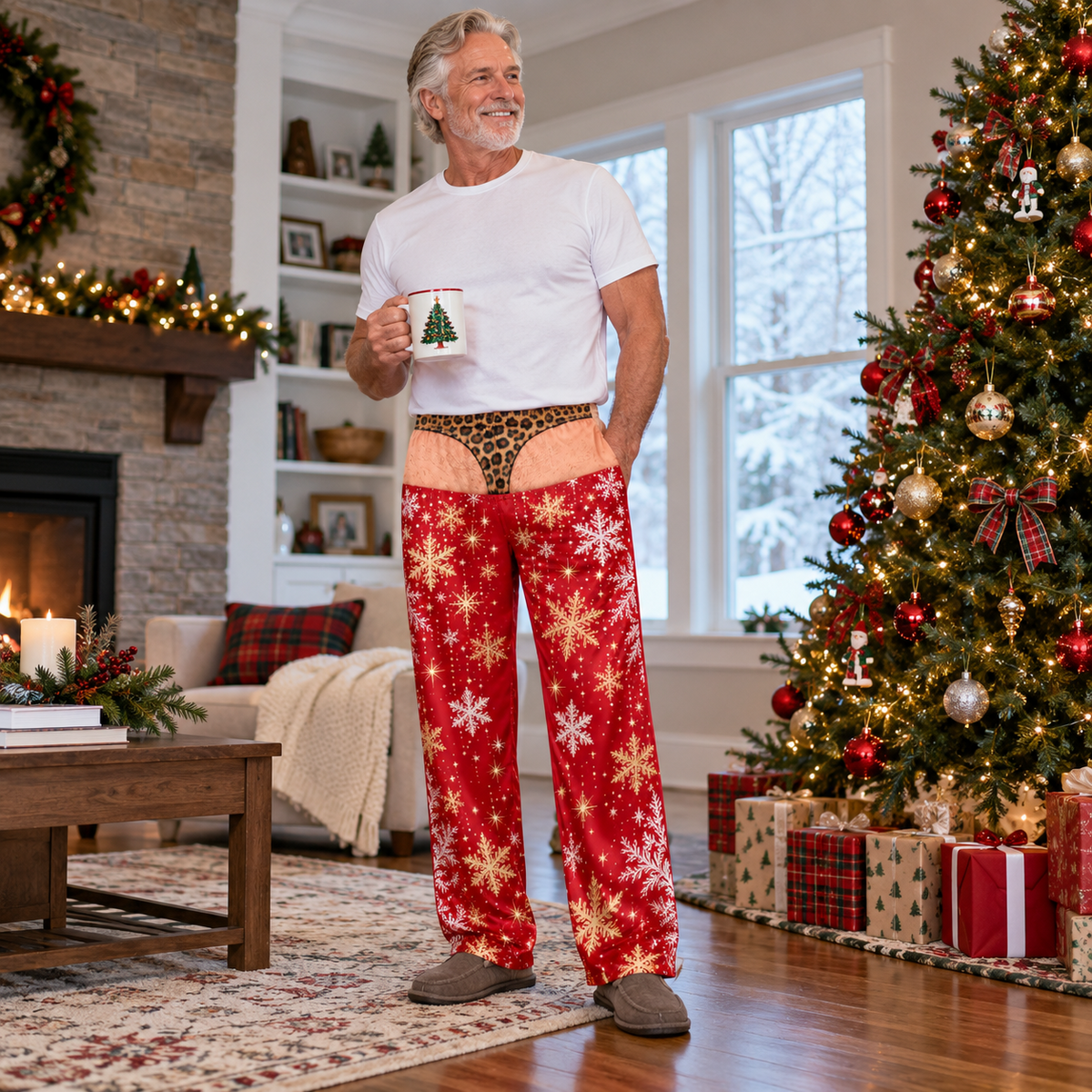 Mens Funny Christmas Pajama Pants Novelty Leopard Thong Gag Sleepwear
