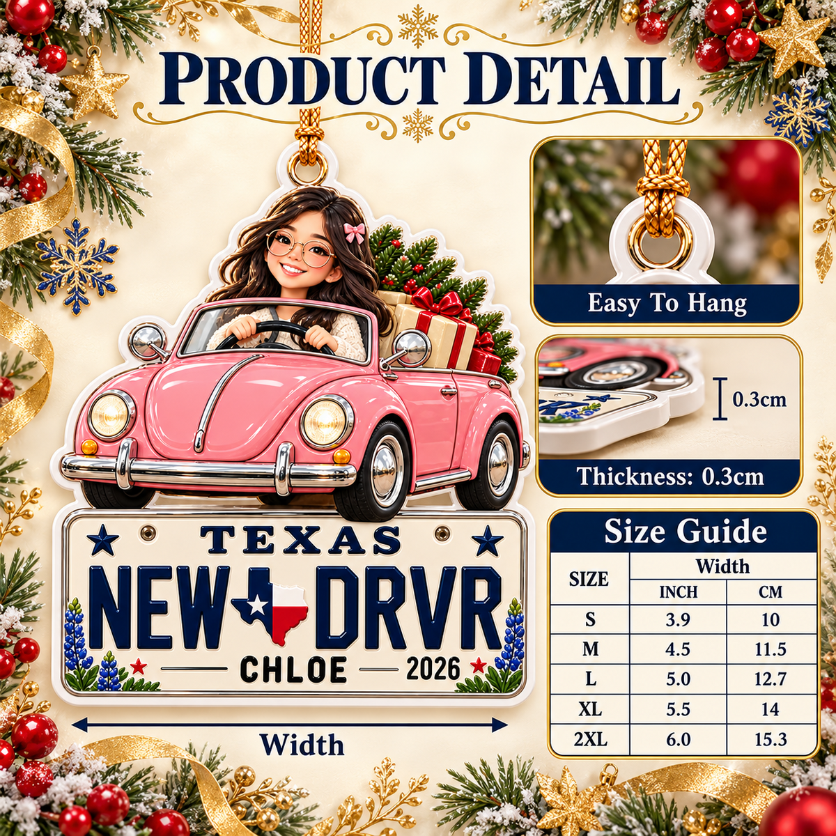 Pink Vintage Car Texas License Plate Holiday Keepsake - 3D Relief Ornament