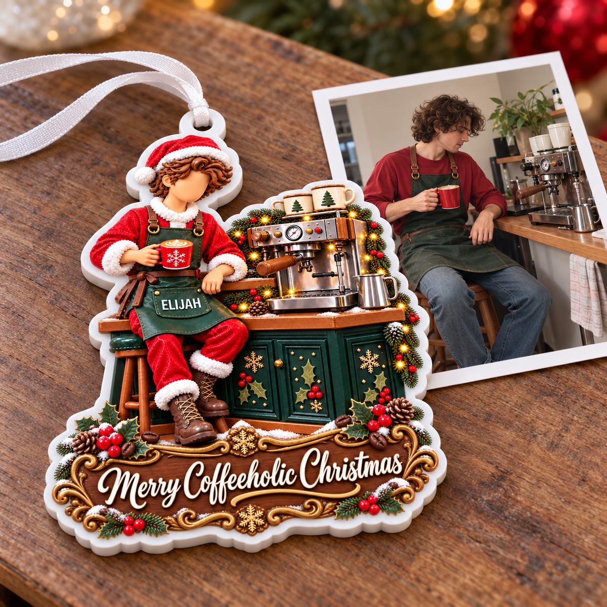 Barista Santa with Espresso Machine Merry Coffeeholic Christmas Acrylic Hanging Plaque - 3D Relief Ornament