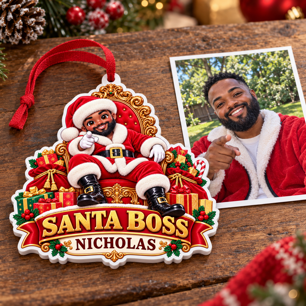 Black Santa Boss on Ornate Throne Holiday Tree Decor - 3D Relief Ornament
