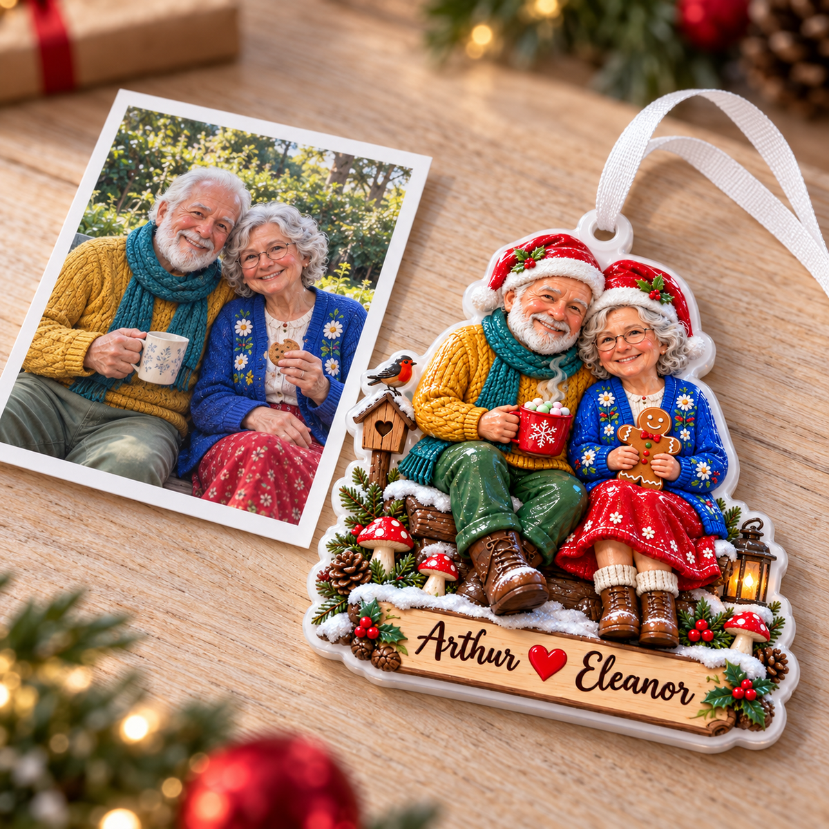 Elderly Couple Sitting on Log Winter Christmas Scene Hanging Acrylic Plaque - 3D Relief Ornament