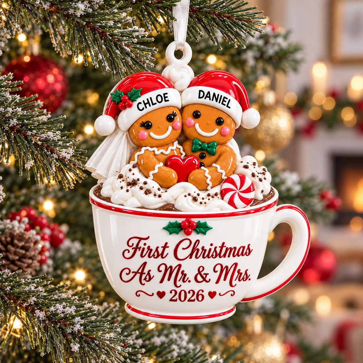 Gingerbread Couple in Hot Cocoa Mug First Christmas as Mr & Mrs Holiday Keepsake - 3D Relief Ornament