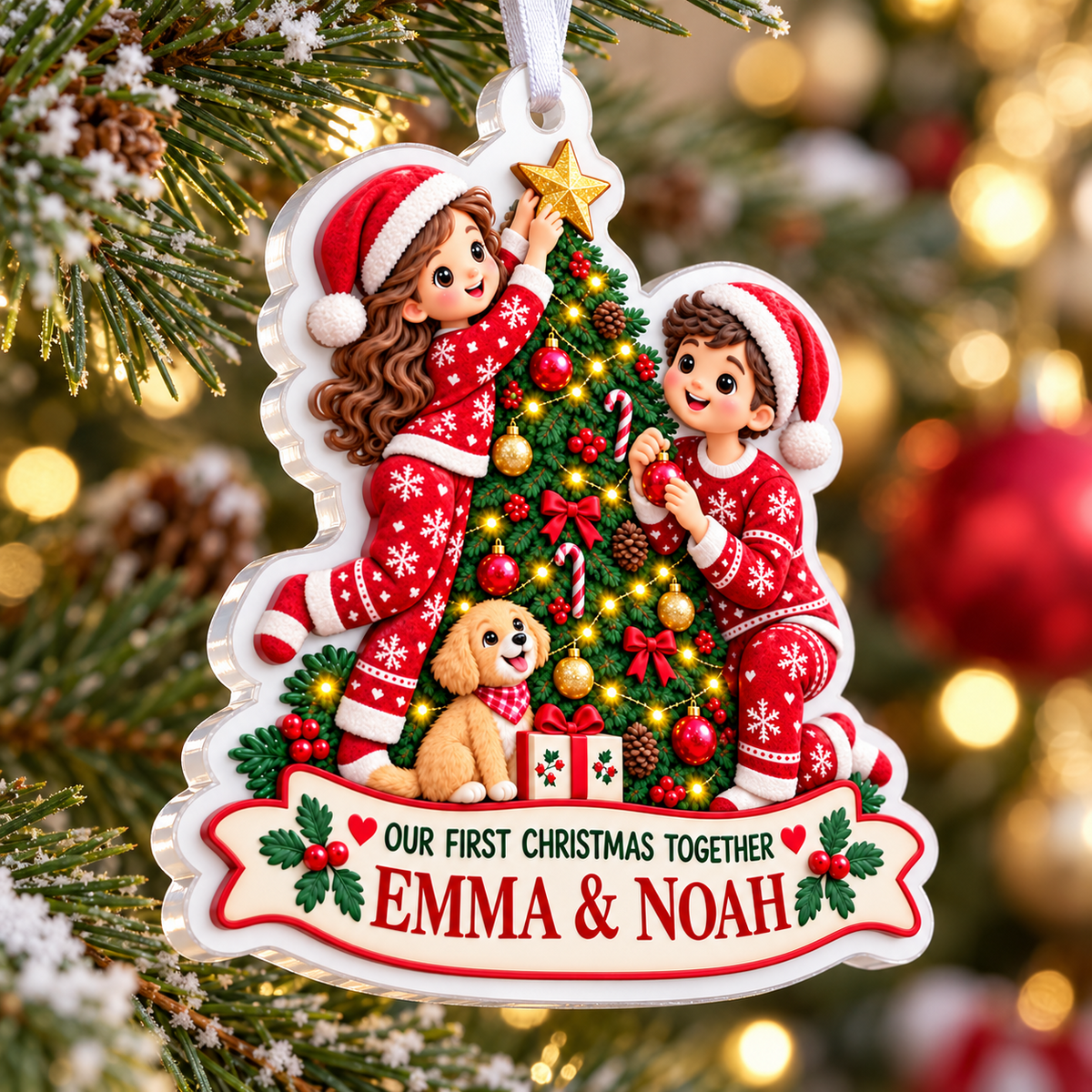 Couple with Puppy Decorating Christmas Tree Holiday Keepsake - 3D Relief Ornament