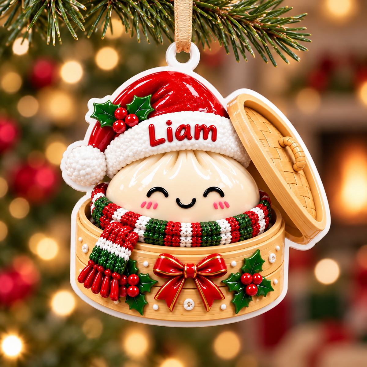 Steamed Dumpling in Bamboo Basket Christmas Tree Hanging Accent - 3D Relief Ornament