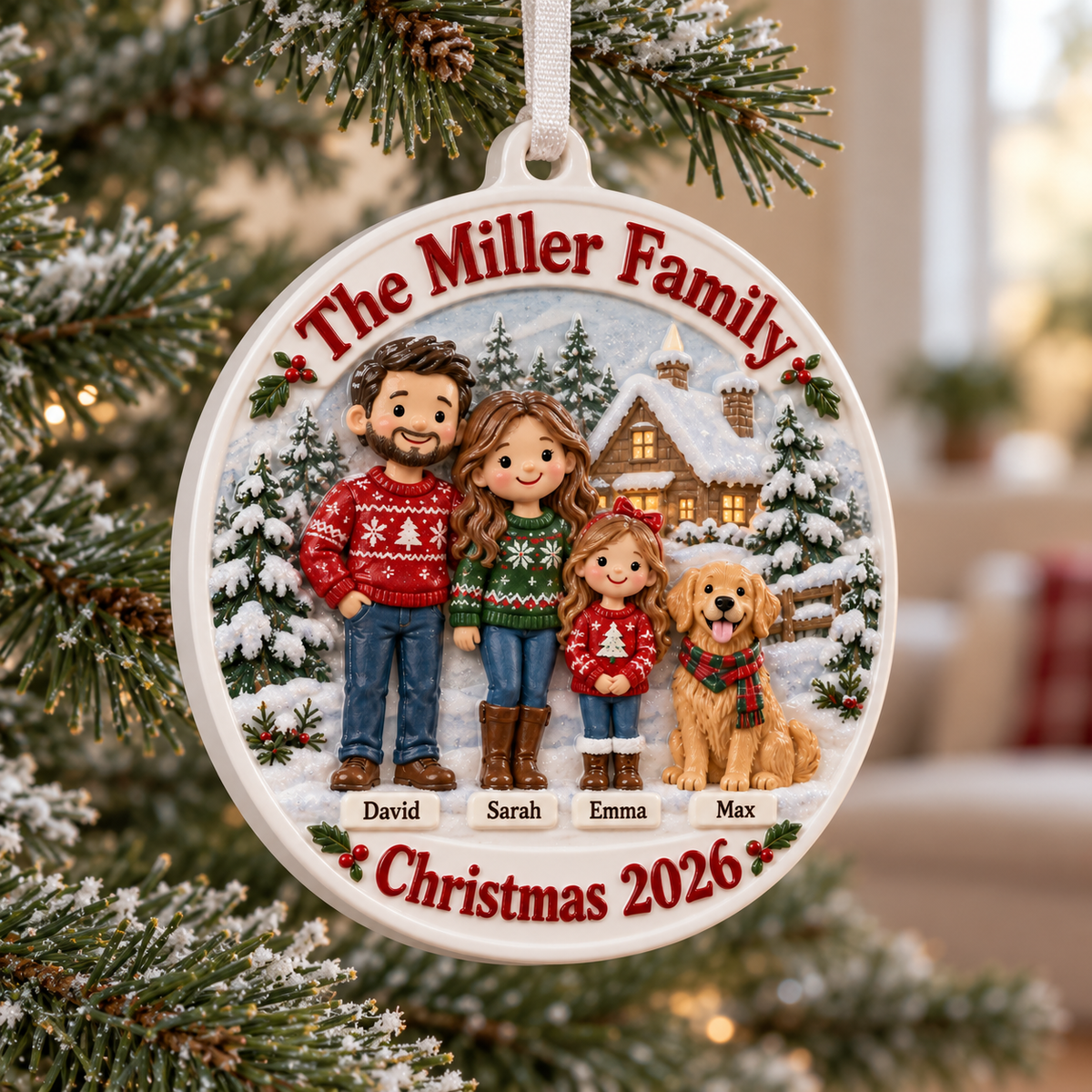 Family of Three with Dog Snowy Cabin Scene Holiday Keepsake - 3D Relief Ornament