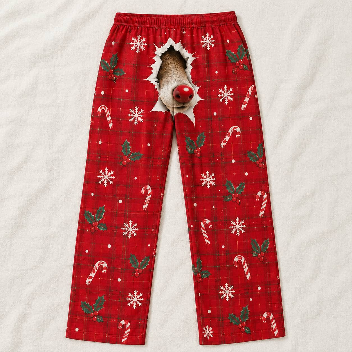Mens Christmas Pajama Pants Red Plaid 3D Reindeer Nose Holiday Bottoms