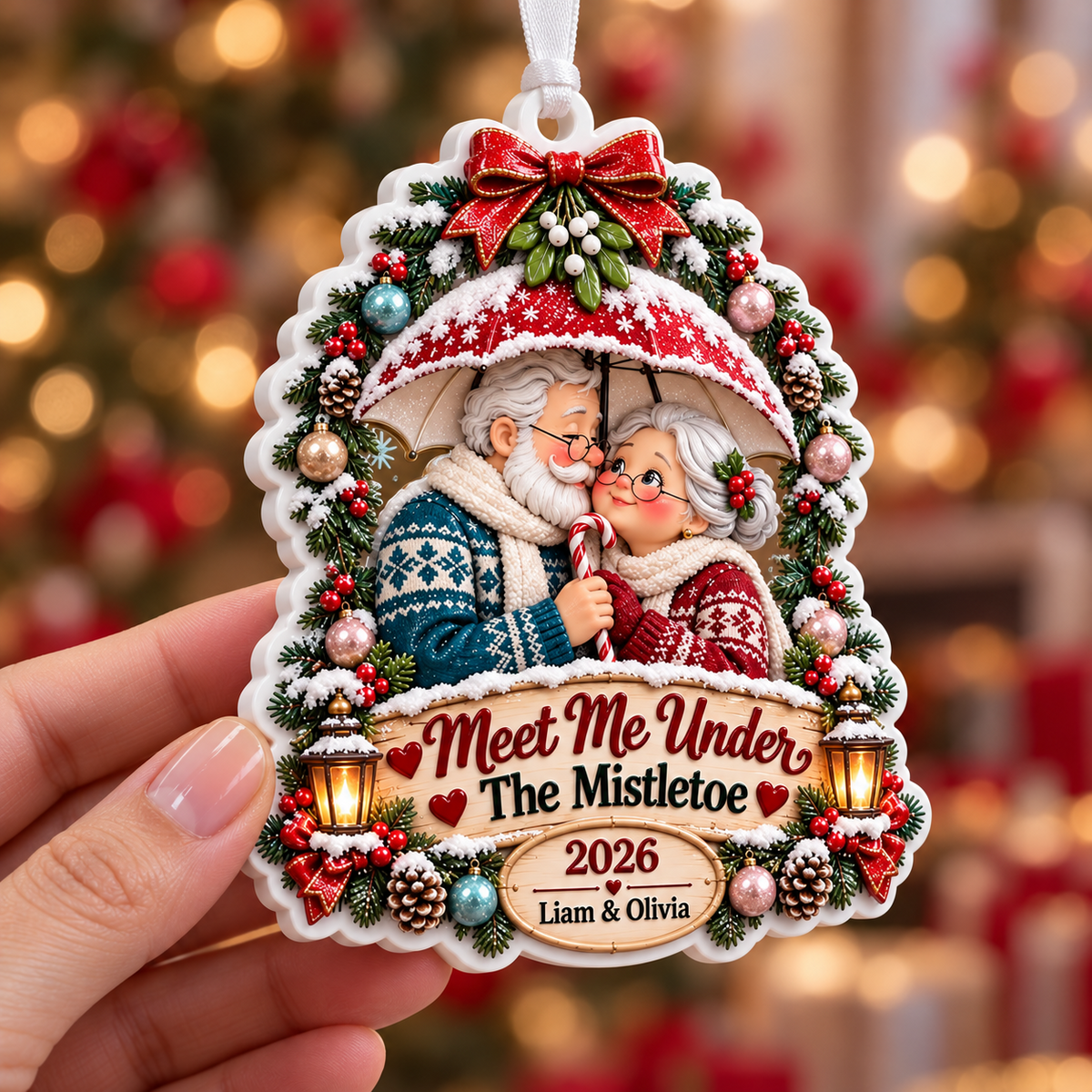 Elderly Couple Under Umbrella Holiday Tree Hanging - 3D Relief Ornament