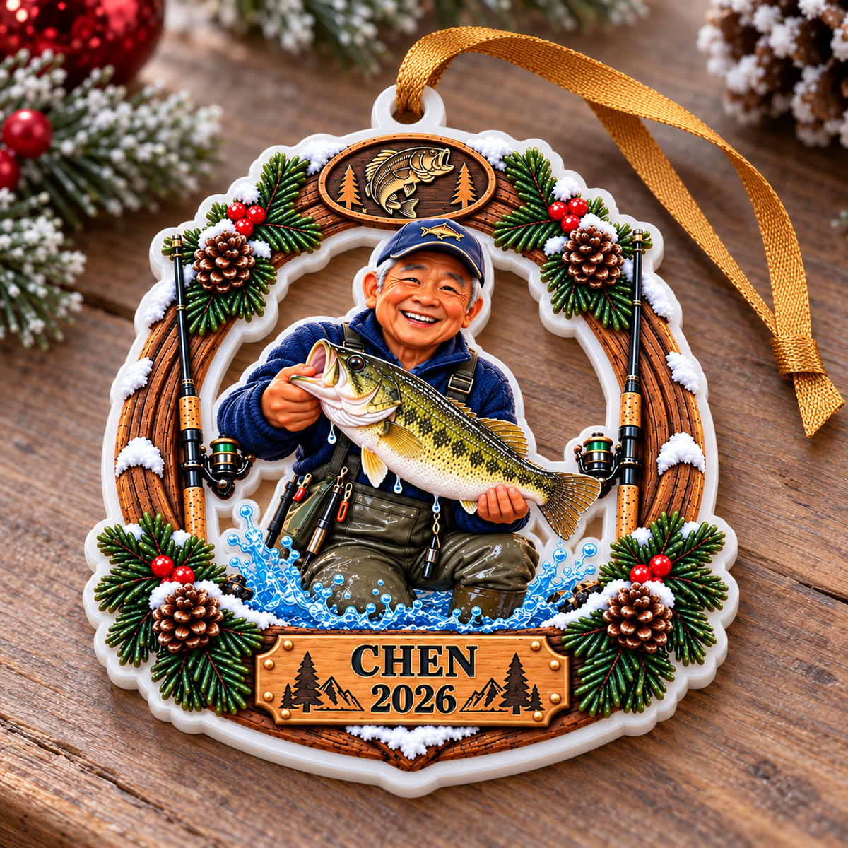 Bass Fisherman Catch Wreath Acrylic Holiday Keepsake - 3D Relief Ornament
