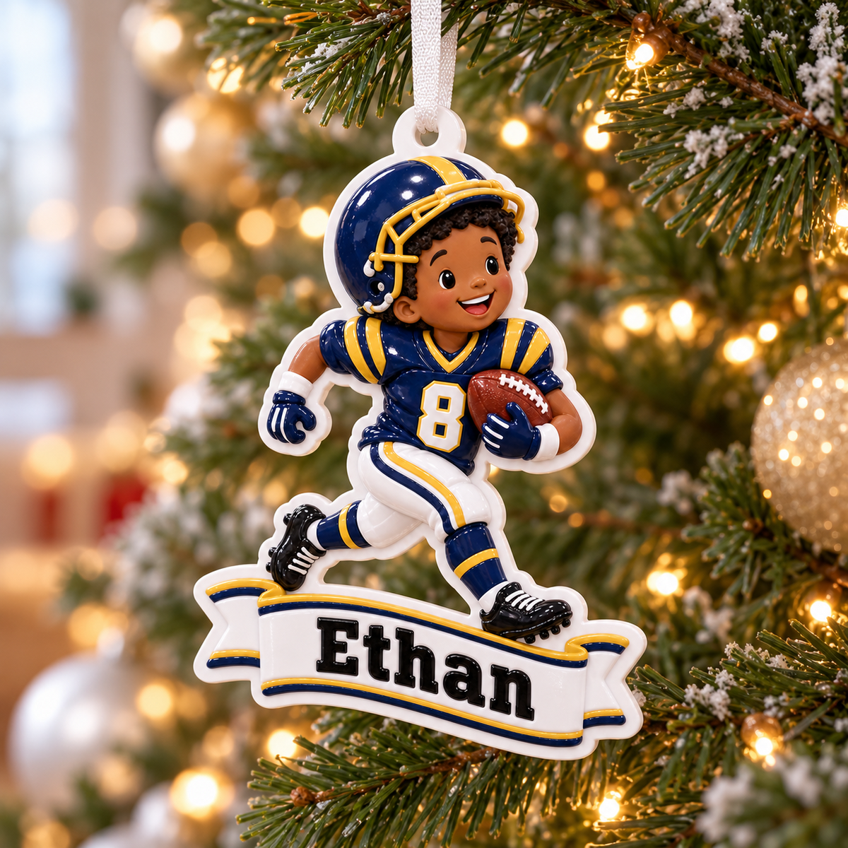 Youth Football Player Running with Ball Blue and Gold Sports - 3D Relief Ornament