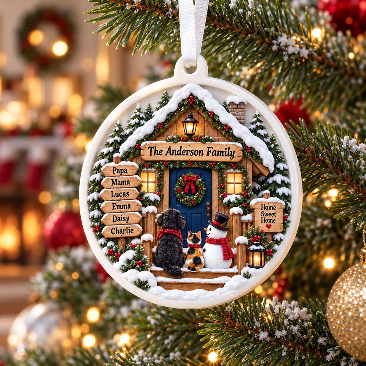 Round Christmas Tree Decoration with Winter Cabin, Snowman, and Pets - 3D Relief Ornament