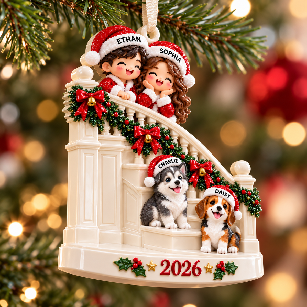 Family Couple with Two Dogs on Christmas Staircase Holiday Keepsake - 3D Relief Ornament