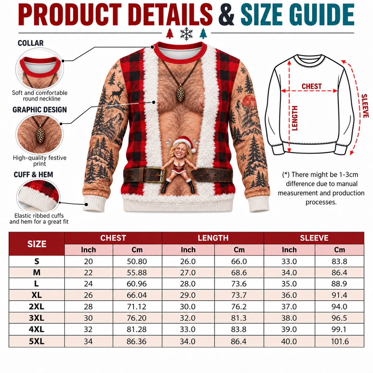 Funny Christmas Sweatshirt Hairy Chest Plaid Vest Tattoo Graphic