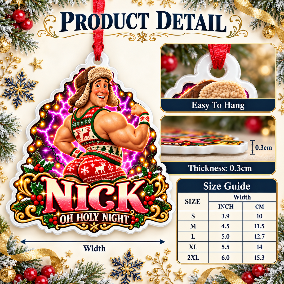 Humorous Muscular Man in Holiday Romper Acrylic Tree Hanging - 3D Relief Ornament