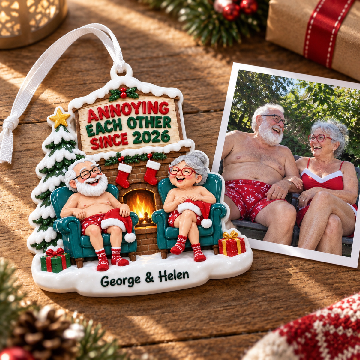 Christmas Couple Fireplace Holiday Tree Hanging Keepsake Decor - 3D Relief Ornament
