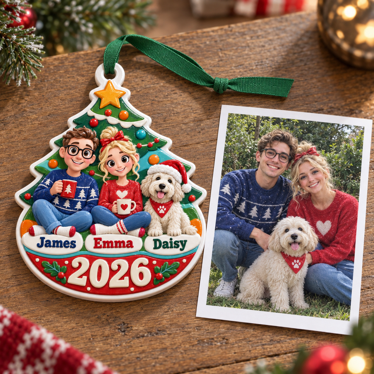 Couple with Pet Dog by Christmas Tree Holiday Keepsake Plaque - 3D Relief Ornament