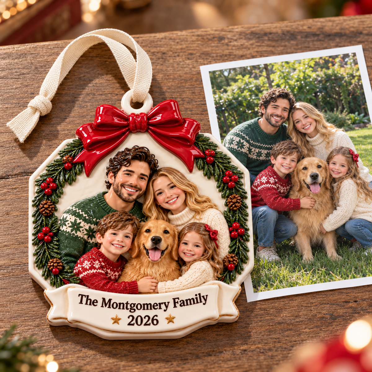 Family Portrait with Dog Wreath and Red Bow Ceramic Keepsake - 3D Relief Ornament