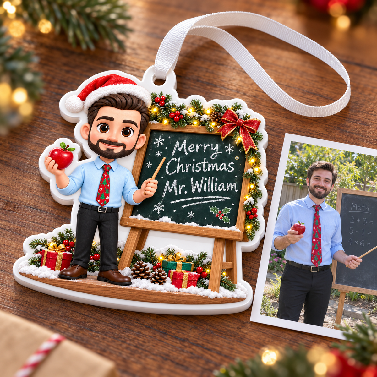 Male Teacher Chalkboard Holiday Acrylic Hanging Decoration - 3D Relief Ornament