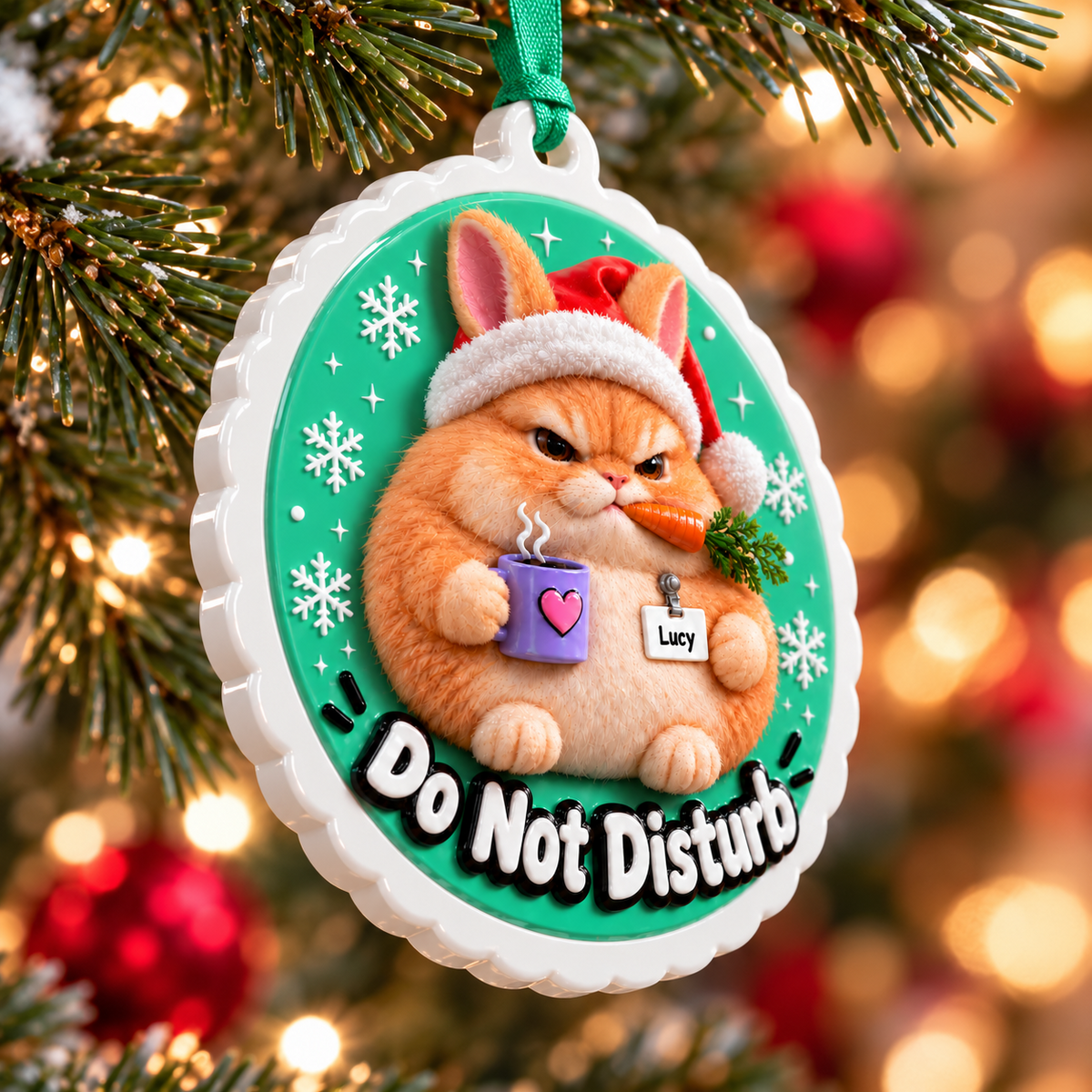 Grumpy Fluffy Bunny in Santa Hat with Coffee Cup Medallion - 3D Relief Ornament