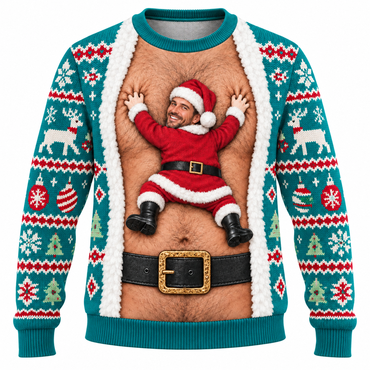 Funny Christmas Sweatshirt Hairy Chest Santa Faux Cardigan Crewneck