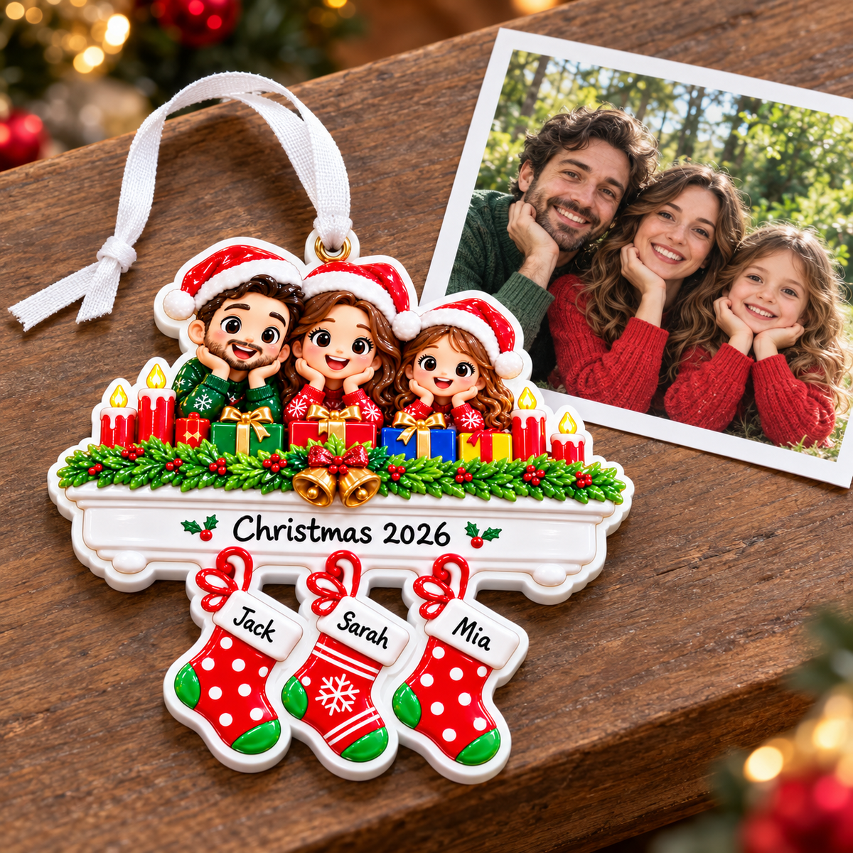 Family of 3 Christmas Fireplace Stockings Holiday Tree Decoration - 3D Relief Ornament