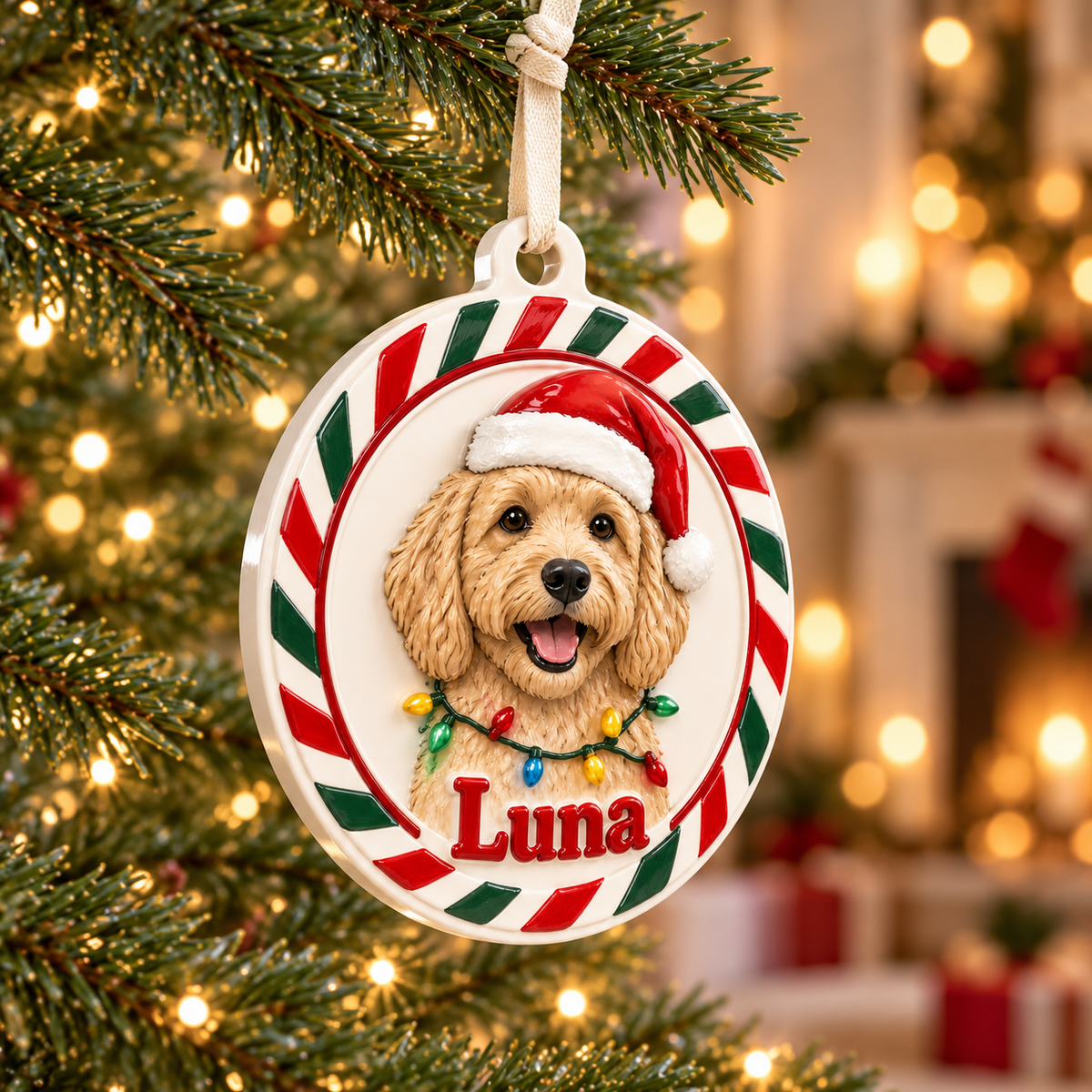 Christmas Goldendoodle Dog Holiday Medallion with Ribbon - 3D Relief Ornament