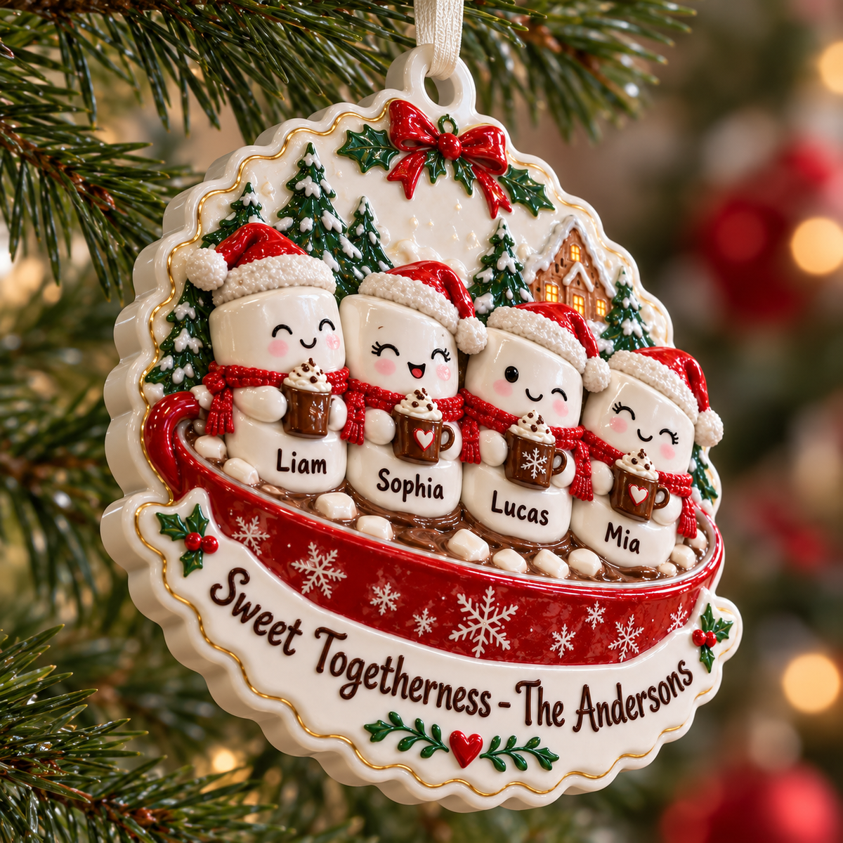 Family Marshmallows in Hot Cocoa Mug Holiday Tree Accent - 3D Relief Ornament