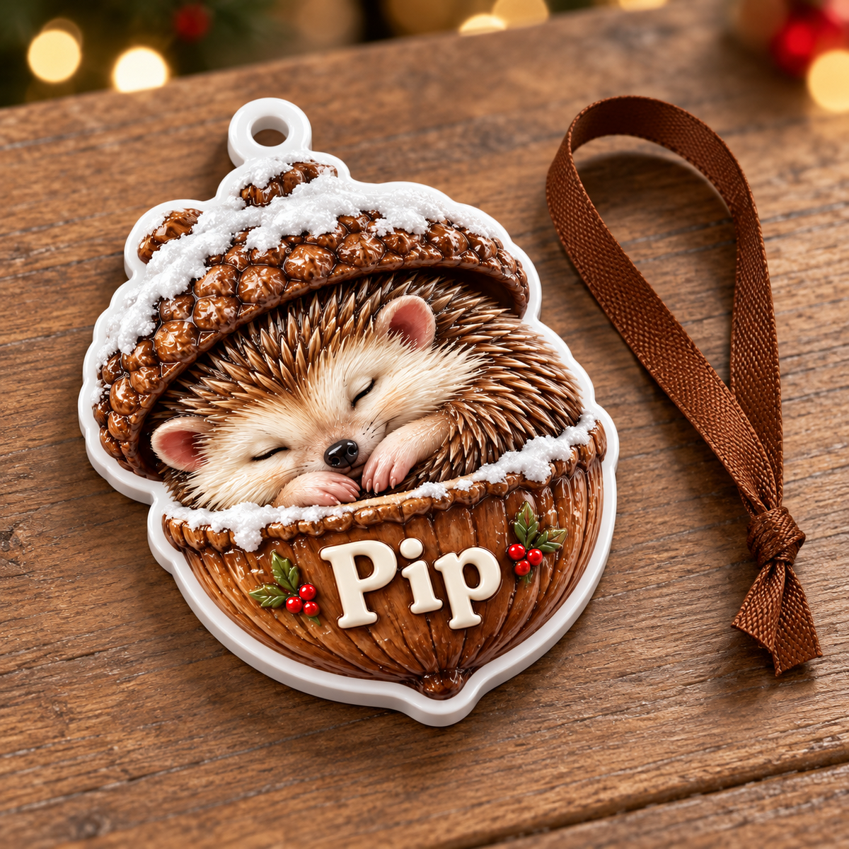 Sleeping Hedgehog in Acorn Shell Holiday Tree Decoration - 3D Relief Ornament