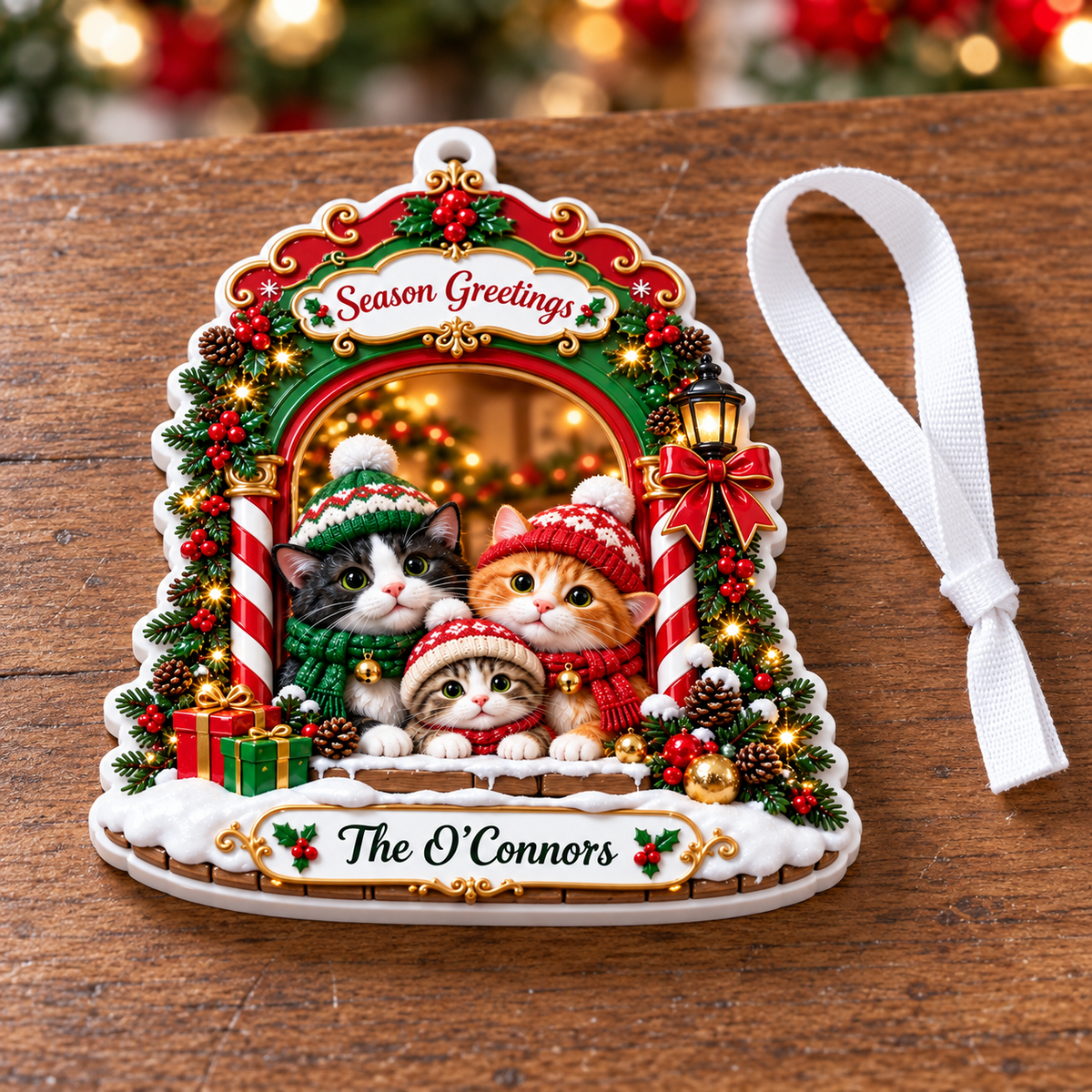 Winter Kitten Family Arch Christmas Holiday Decoration - 3D Relief Ornament