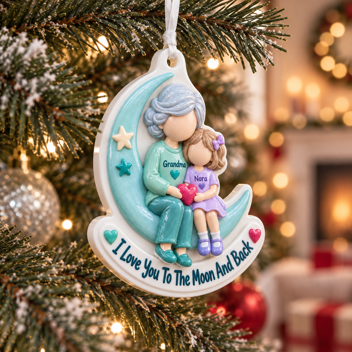 Grandmother and Granddaughter Crescent Moon Acrylic Hanging Keepsake, Teal Holiday Decor - 3D Relief Ornament