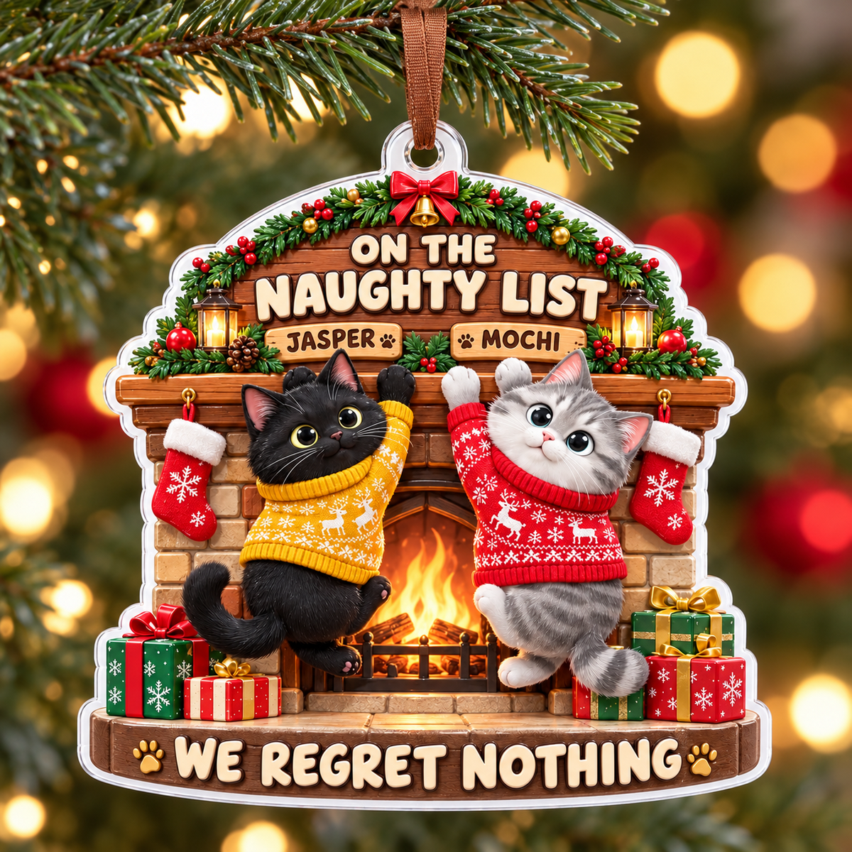 Naughty Cats at Fireplace Mantel Christmas Tree Hanging Decor - 3D Relief Ornament