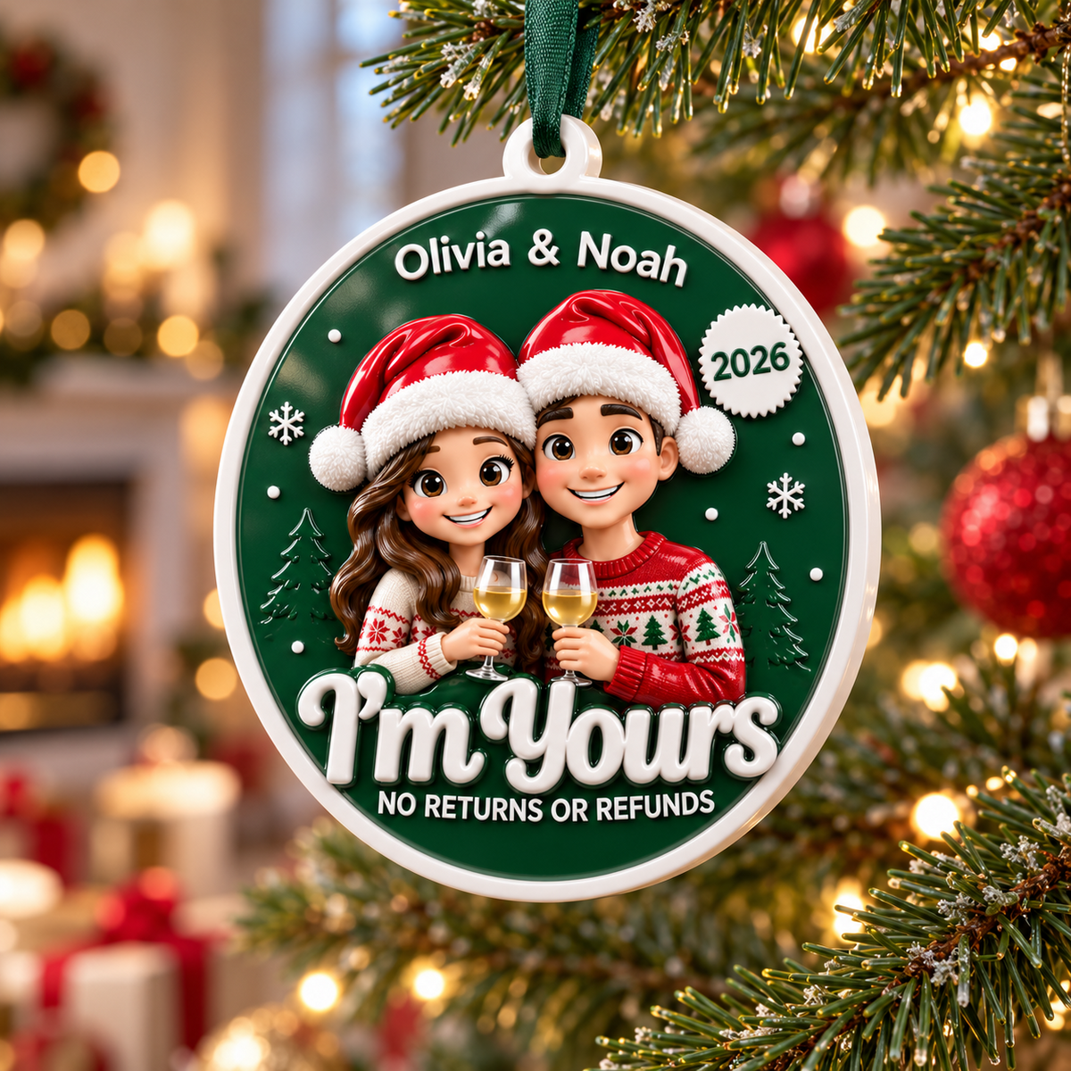 Couple Christmas Tree Hanging Disc, Im Yours Wine Toast Holiday Keepsake - 3D Relief Ornament