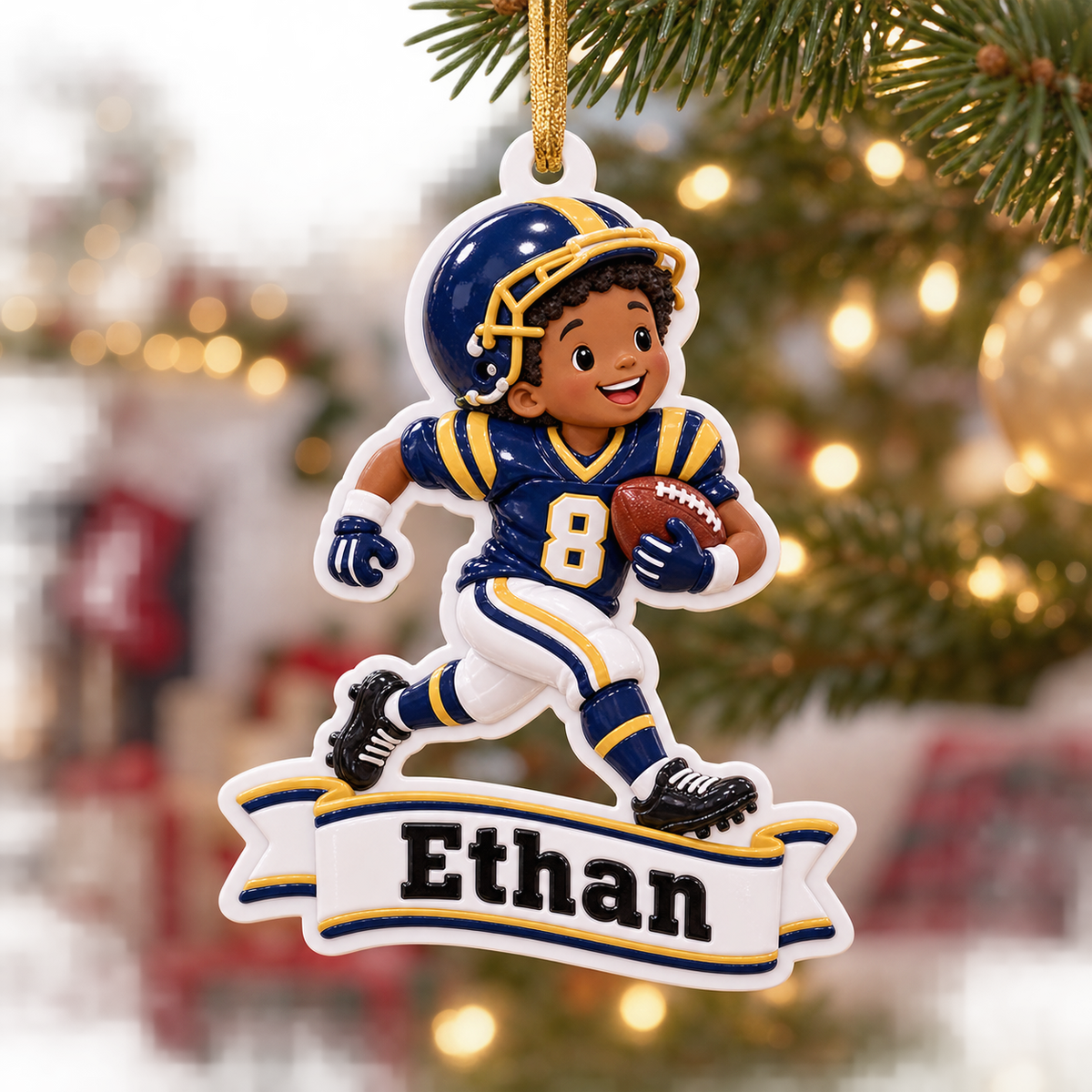 Youth Football Player Running with Ball Blue and Gold Sports - 3D Relief Ornament