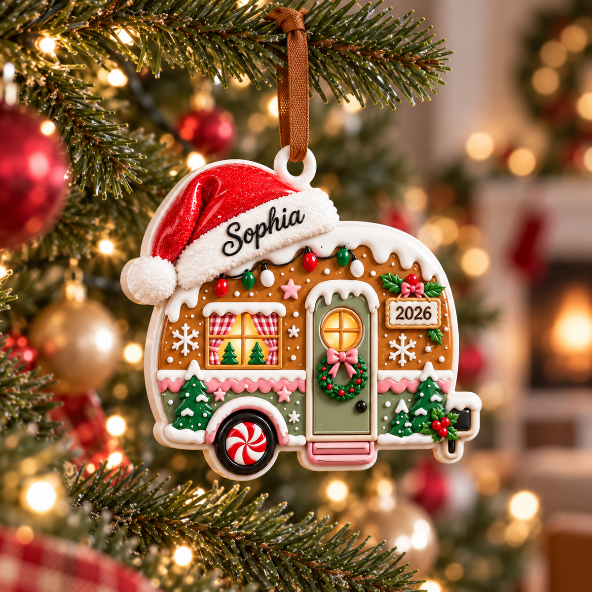 Gingerbread Camper Holiday Decoration with Santa Hat - 3D Relief Ornament