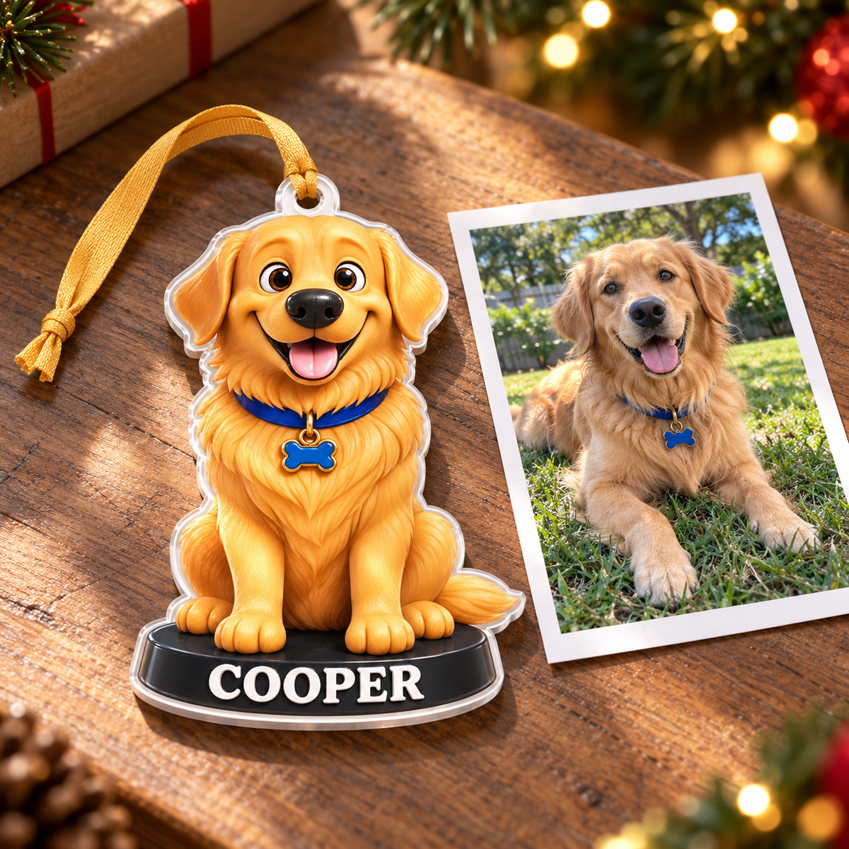 Golden Retriever Dog Holiday Tree Hanging Decoration, Yellow Puppy Figure - 3D Relief Ornament