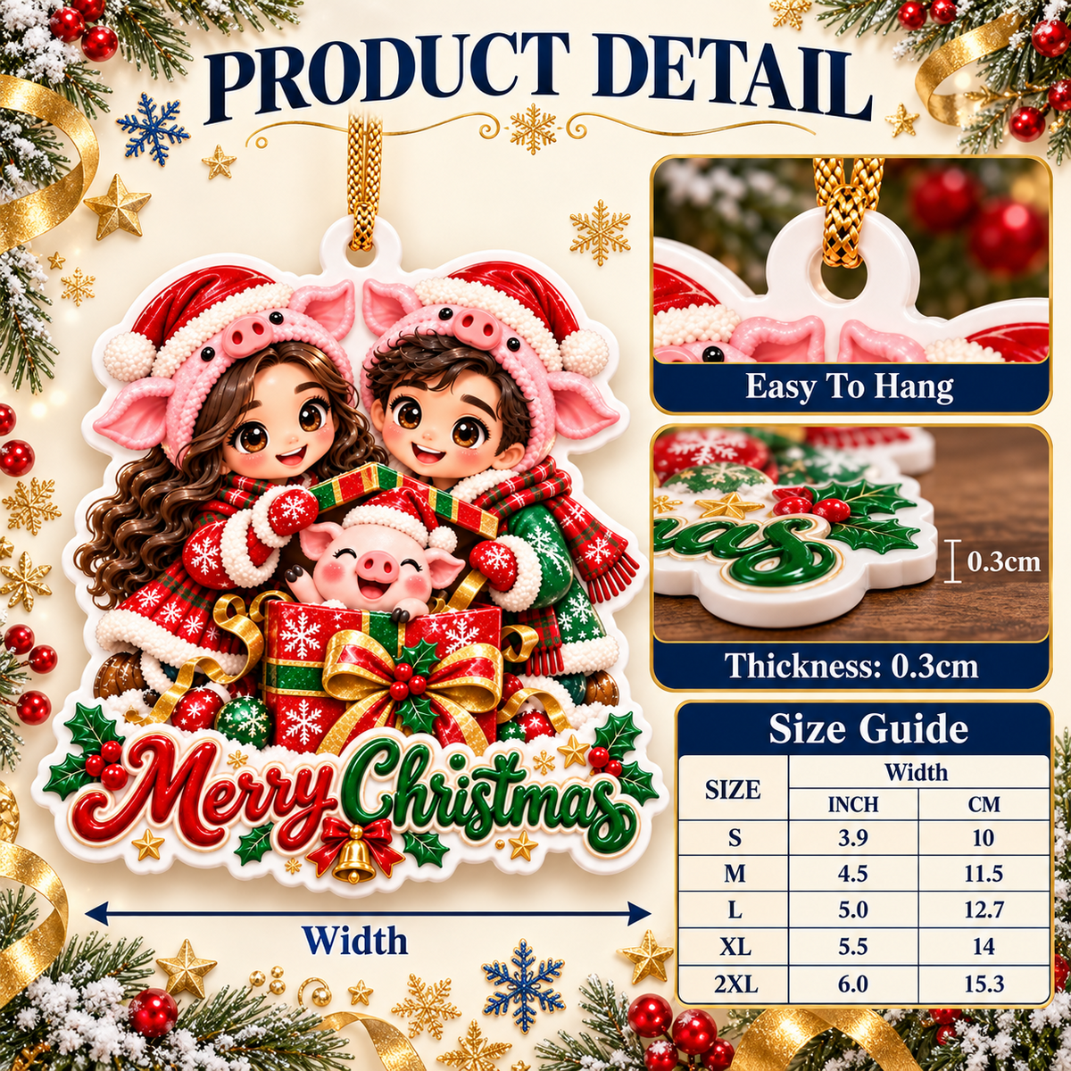 Pig Hat Couple with Piglet Gift Box Merry Christmas Acrylic Tree Hanging - 3D Relief Ornament
